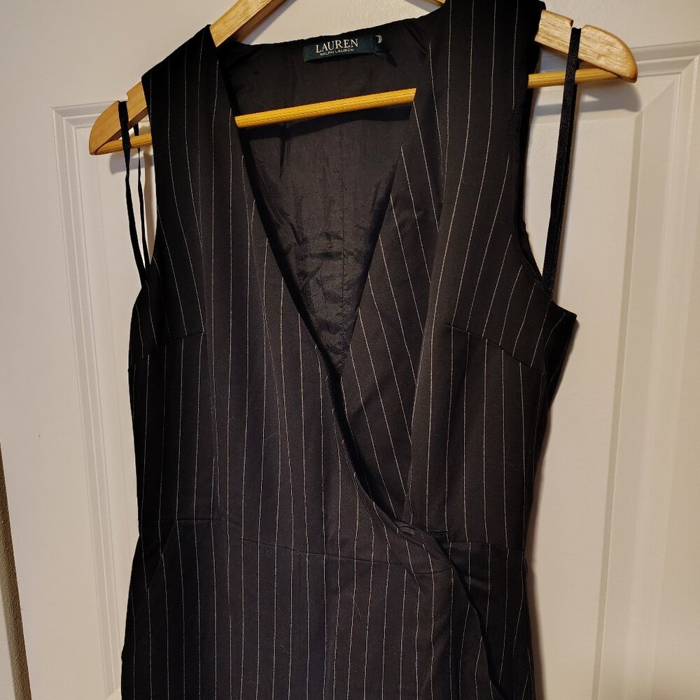 Ralph Lauren Black Pinstripe Pantsuit Sleeveless Flared Pant Belted Office Chic - Picture 7 of 9